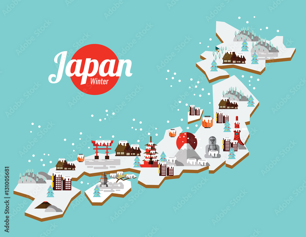 Fototapeta premium Japan Winter landmark and travel map. Flat design elements vector illustration