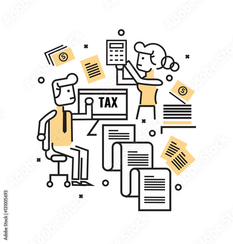 Busy Business people with Tax documents. Tax concept. flat thin line. vector