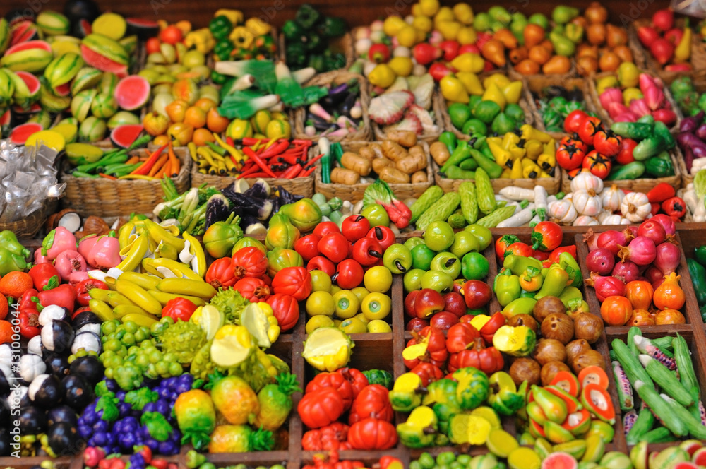 Miniature vegetable and fruit on local market fair.