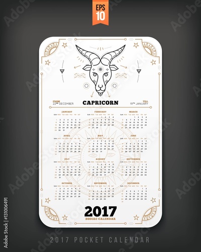 Capricorn 2017 year zodiac calendar pocket size vertical layout White color design style vector concept illustration photo