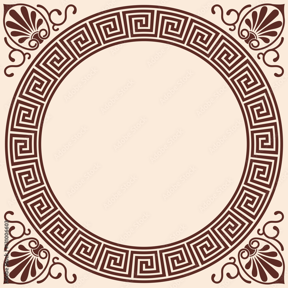 Vector Greek style background. Circular frame. Brown pattern on a beige background. Vector Greek style background. Circular frame. Brown pattern on a beige background.