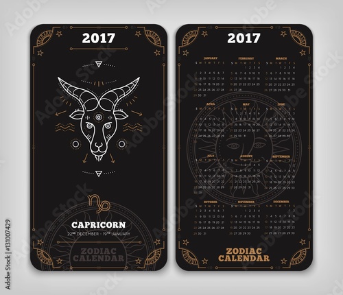 Capricorn 2017 year zodiac calendar pocket size vertical layout Double side white color design style vector concept illustration
