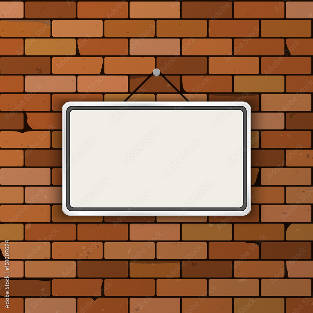Vector mockup. Simple white sign hanging on a dark red brick wall. Empty blank. Grunge brickwork background, textured rough surface. Creative business interior template. Vector mockup. Simple white sign hanging on a dark red brick wall. Empty blank. Grunge brickwork background, textured rough surface. Creative business interior template.
