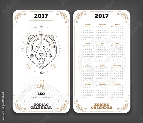 Leo 2017 year zodiac calendar pocket size vertical layout Double side white color design style vector concept illustration photo