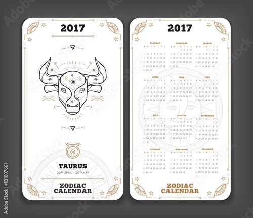 Taurus 2017 year zodiac calendar pocket size vertical layout Double side white color design style vector concept illustration