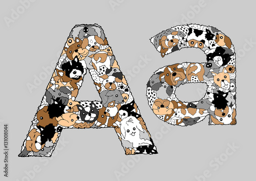 set of funny dog design concept, alphabet animal, hand drawn, vector