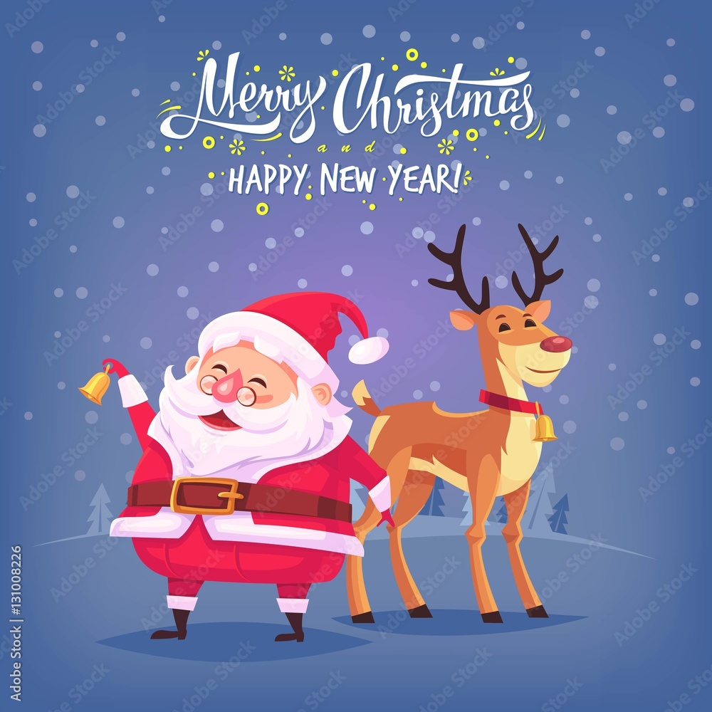 Cute cartoon Santa Claus ringing bell and funny reindeer Merry Christmas vector illustration Greeting card poster horizontal banner Cute cartoon Santa Claus ringing bell and funny reindeer Merry Christmas vector illustration Greeting card poster horizontal banner