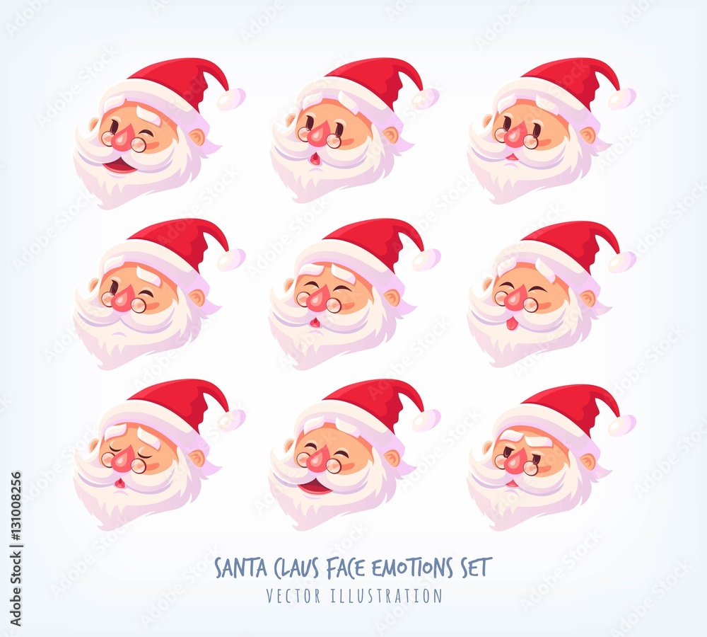 Set of Santa Claus face emotions icons Cute cartoon faces collection Merry Christmas vector illustration Set of Santa Claus face emotions icons Cute cartoon faces collection Merry Christmas vector illustration