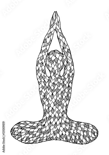 Lotus Pose with hands up, yoga position posture, hand drawn vector