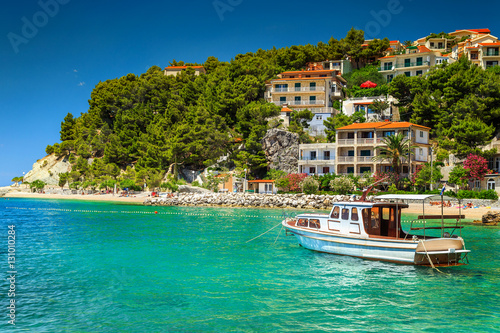 Luxury homes with tourist boat in harbor, Brela, Dalmatia, Croatia