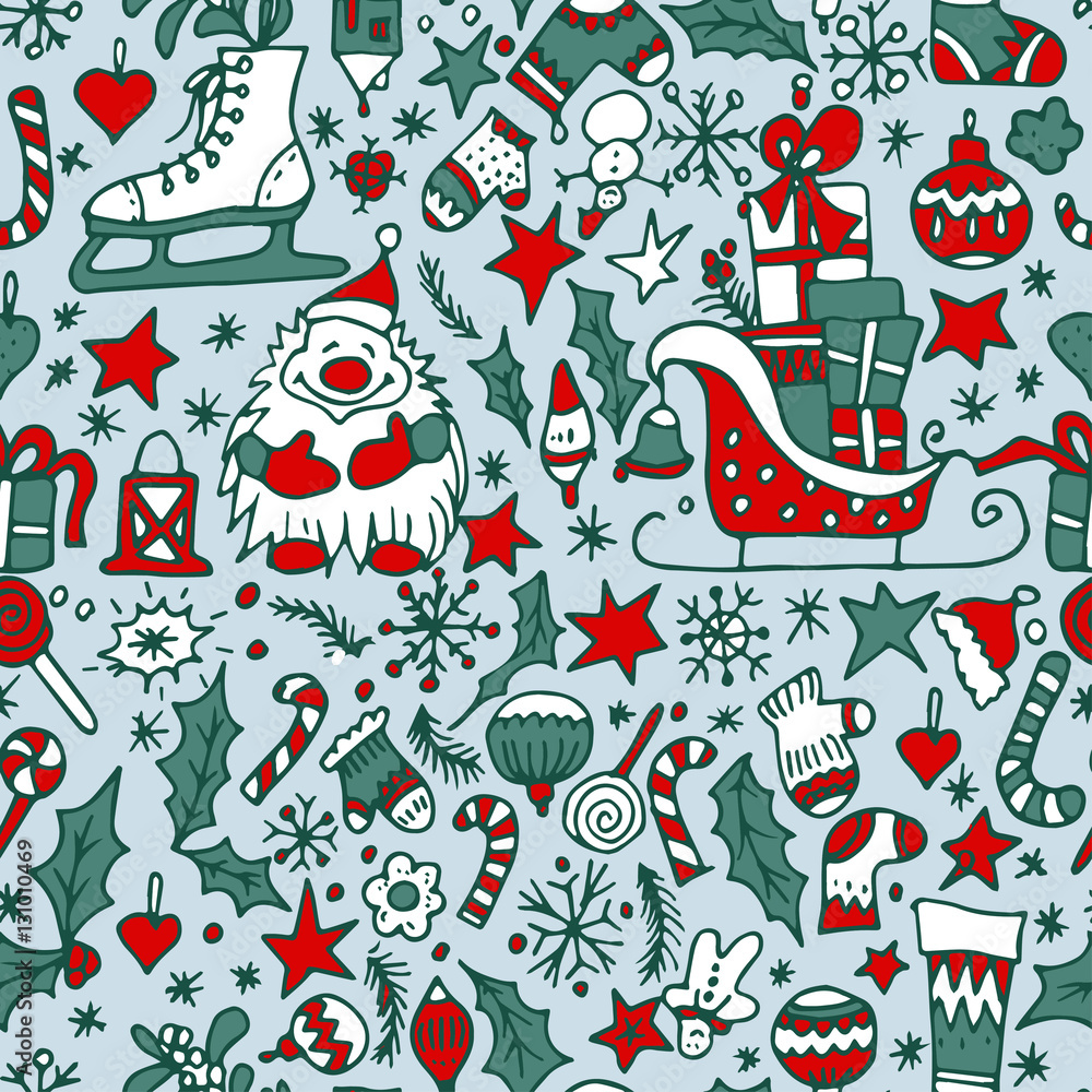 Colorful Christmas background with different symbols.