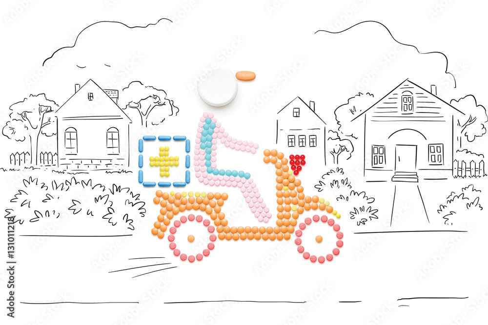 Help in road / Creative medicine and healthcare concept made of pills, drugs motorbike delivery, on sketchy country background. Help in road / Creative medicine and healthcare concept made of pills, drugs motorbike delivery, on sketchy country background.