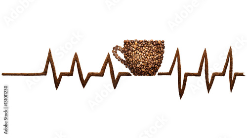 Coffee beat / Creative still life photo of a coffee cup and pulse line mad of coffee beans on white.