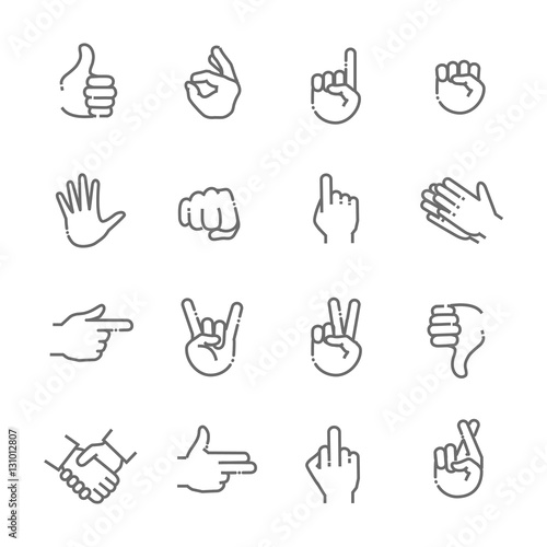 Hand gestures thin line icon set