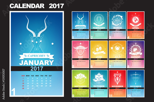 Calendar planner design for the year 2017, Zodiac vintage badge concept, Vector eps10 template