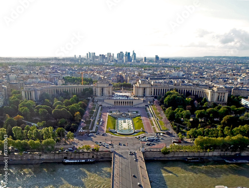 Aerial view from the Eiffel tower on The Palais de Chaillot, La Défense and the Seine river, Spring in Paris, France © lenalanette