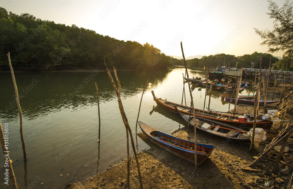 Fototapeta premium Thailand fishing boat ,boat parking at pier,landscape