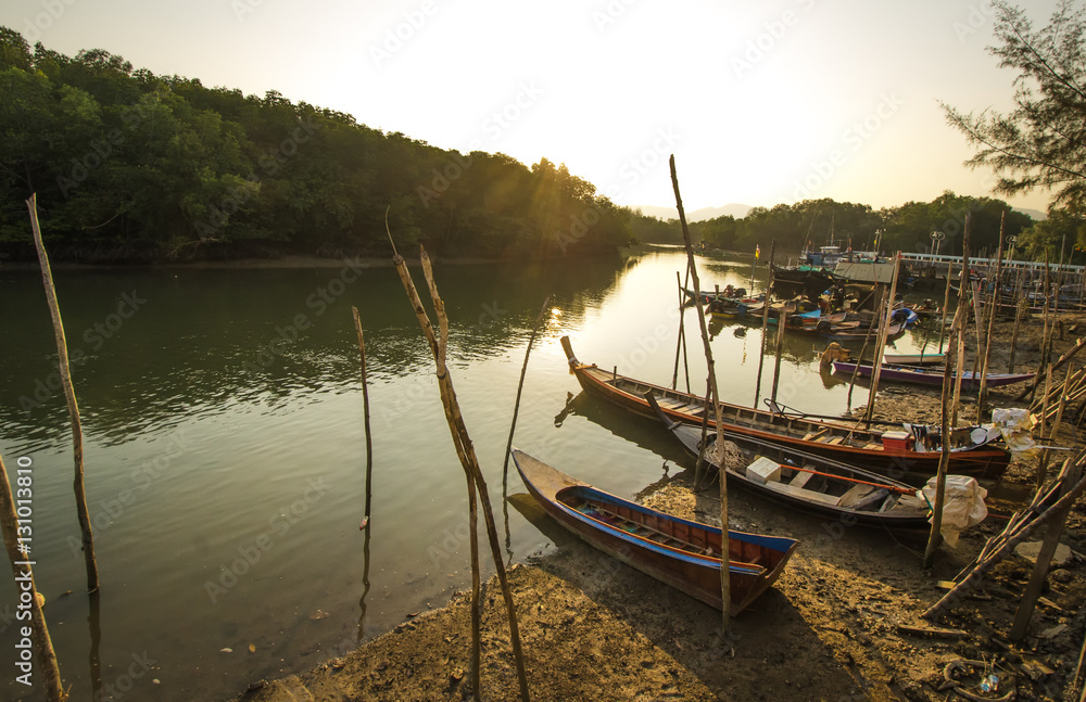 Thailand fishing boat ,boat parking at pier,landscape