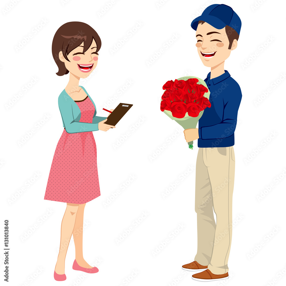 Happy young postman delivering flowers to beautiful housewife woman signing receipt Happy young postman delivering flowers to beautiful housewife woman signing receipt