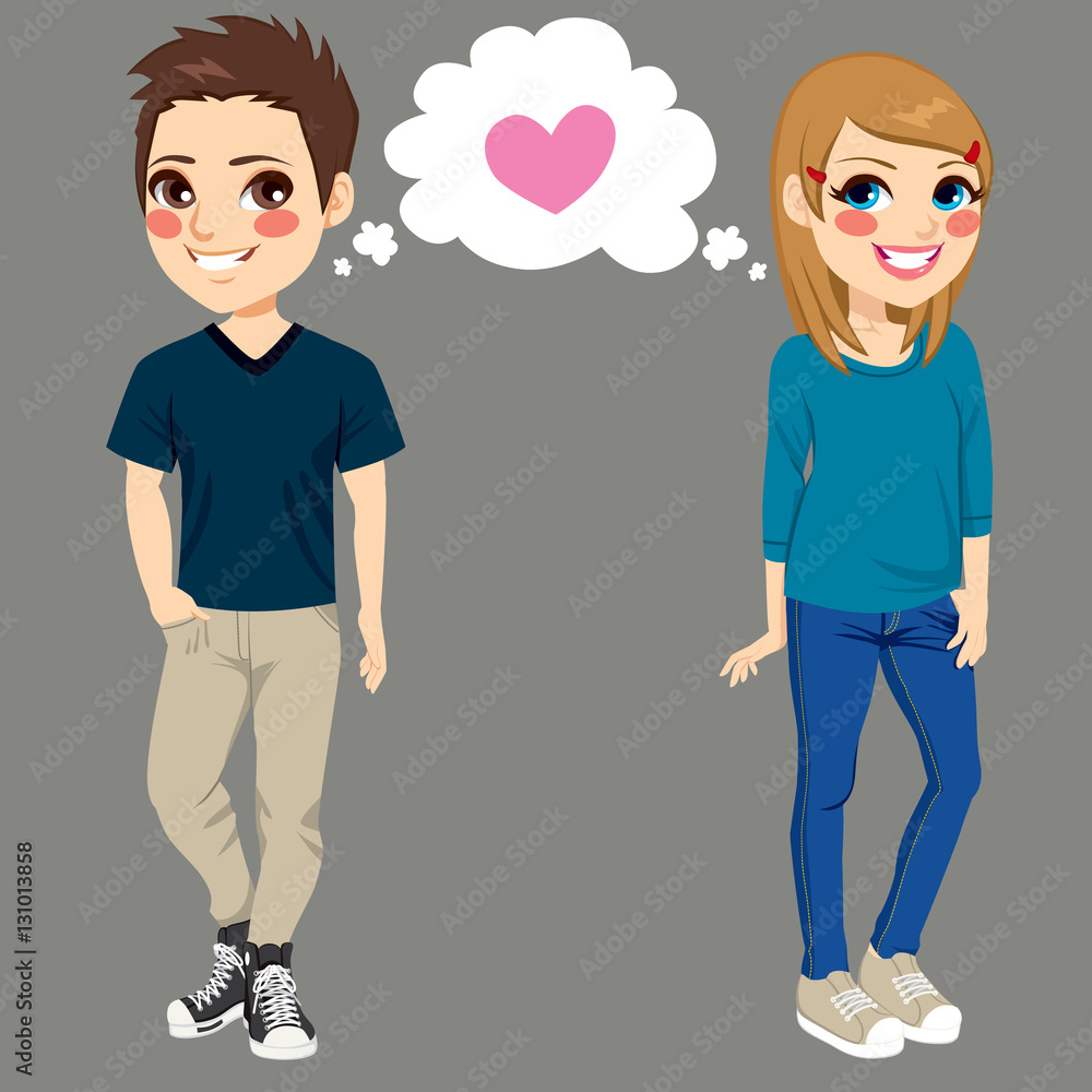 Φωτογραφία Teenager boy and girl secretly in love side by side making eye contact and falli