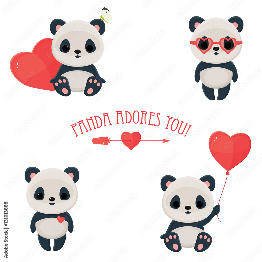 Obraz premium Saint Valentine's Day cute web icons with panda in love