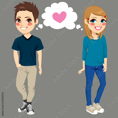 Teenager boy and girl secretly in love side by side making eye contact and falling in love together
