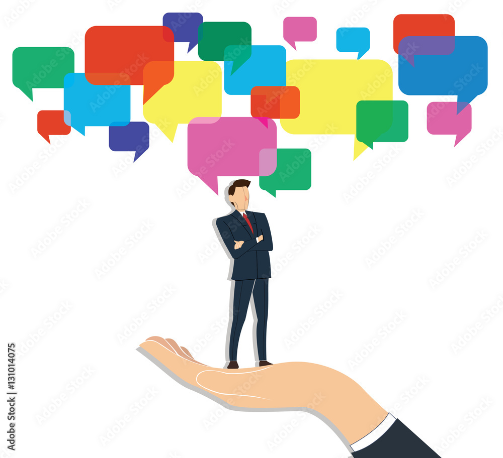 Successful businessman standing crossed arms with chat box background Successful businessman standing crossed arms with chat box background