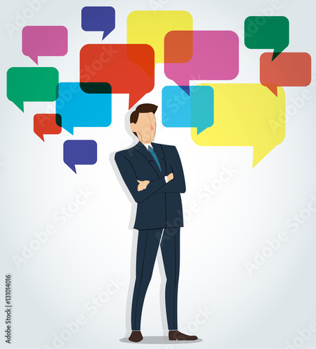 Successful businessman standing crossed arms with chat box background