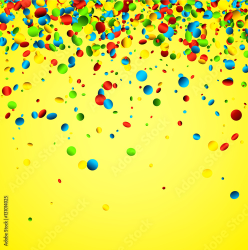 Yellow background with colorful confetti.