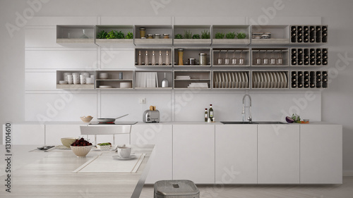 Scandinavian white kitchen with breakfast  minimalistic interior