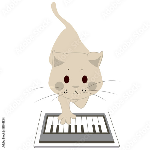 Cute cat touching screen tablet playing with piano app