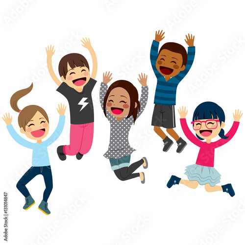 Cute happy children jumping together with arms up and winter fashion clothes