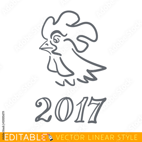 Happy New Year icon of rooster. Editable outline sketch. Stock vector illustration.