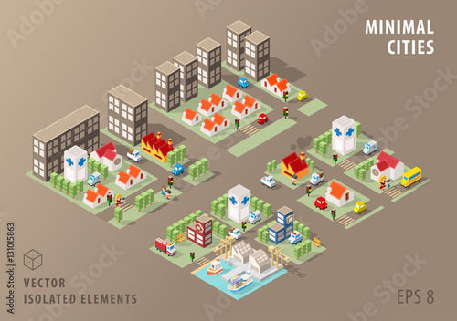Set of Isolated Isometric Minimal City Maps. Elements with Shadows on Dark Background.