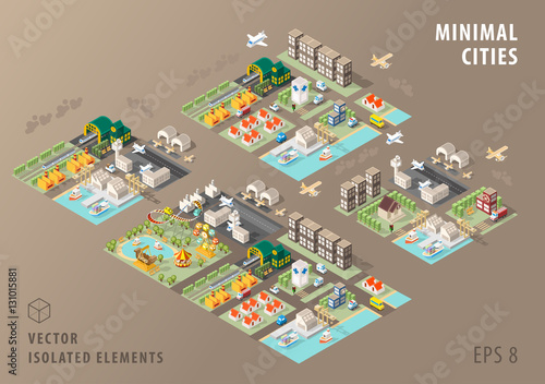 Set of Isolated Isometric Minimal City Maps. Elements with Shadows on Dark Background.