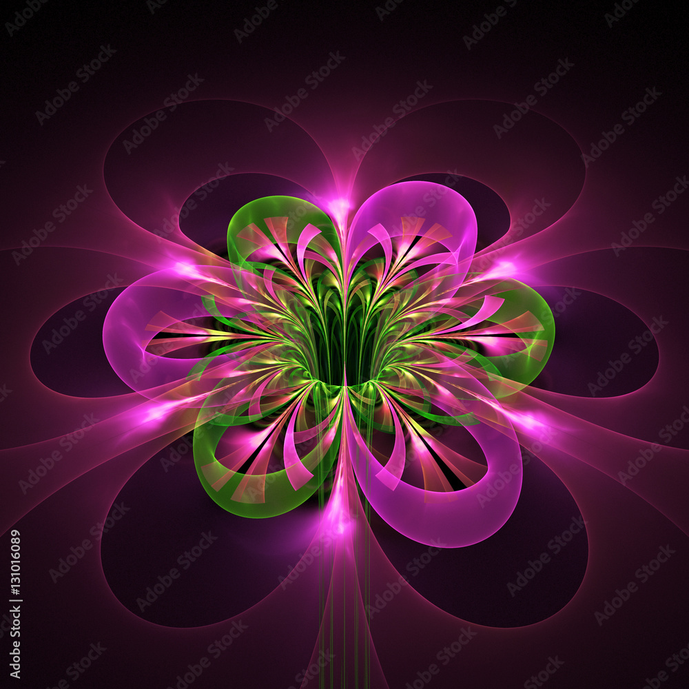 Abstract glowing colorful flower on black background. Fantasy pink and  green fractal design for posters, wallpapers, postcards or t-shirts.  Digital art. 3D rendering. Stock Illustration | Adobe Stock