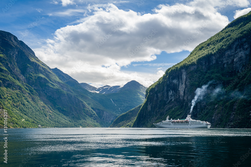 Touristic ferry at Geiranger fjord, Norway
