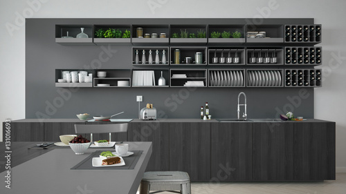 Minimalistic gray kitchen with wooden and gray details, vegetari