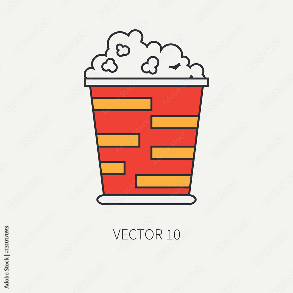 Line flat color vector icon elements of movie theater pop culture - popcorn bucket. Cartoon style. Cinema. Vector illustration and element for your design and wallpaper. Collection. Screenplay. Corn.