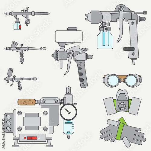 Line flat color vector icons set of drawing instruments for aerography. Cartoon style. Drawing. Airbrush. Art. Illustration and element for your design. Collection. Industrial. Compressor. Logo.