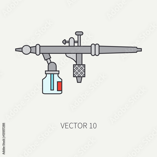 Line flat color vector icon of drawing instruments for aerography. Cartoon style. Drawing. Airbrush. Art. Illustration and element for your design. Clipart. Air compressor. Industrial. Spray. Logo.