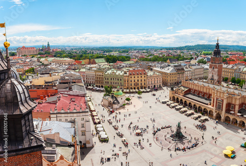 Aerial view on the central square and Sukiennice in Krakow. Market Square from the tower of the church of St. Mary. Poland. Cloth Hall. photo
