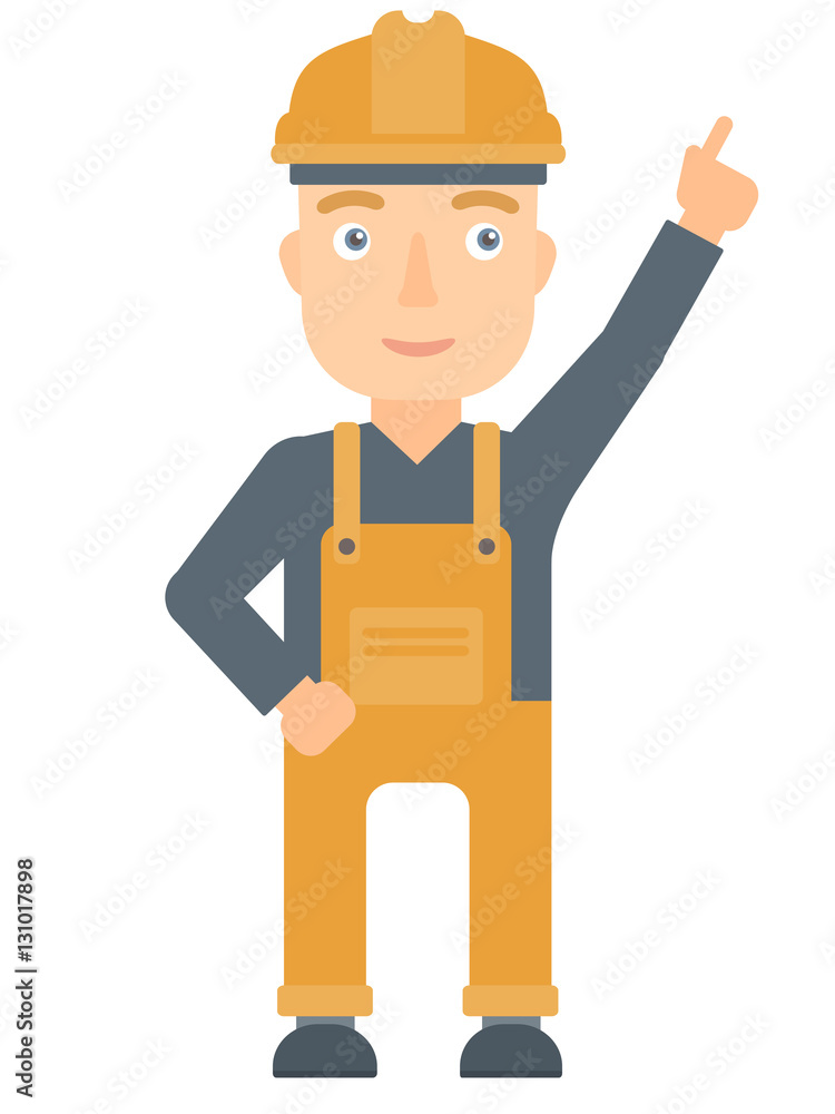 Worker in hard hat pointing up with finger. Worker in hard hat pointing up with finger.