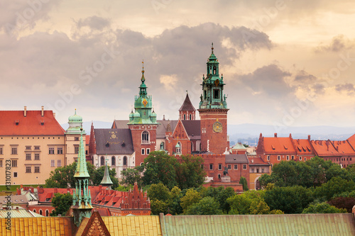 Panoramic view of Wawel Castle from clock tower in the main Market Square, Cracow, Poland. Aerial view