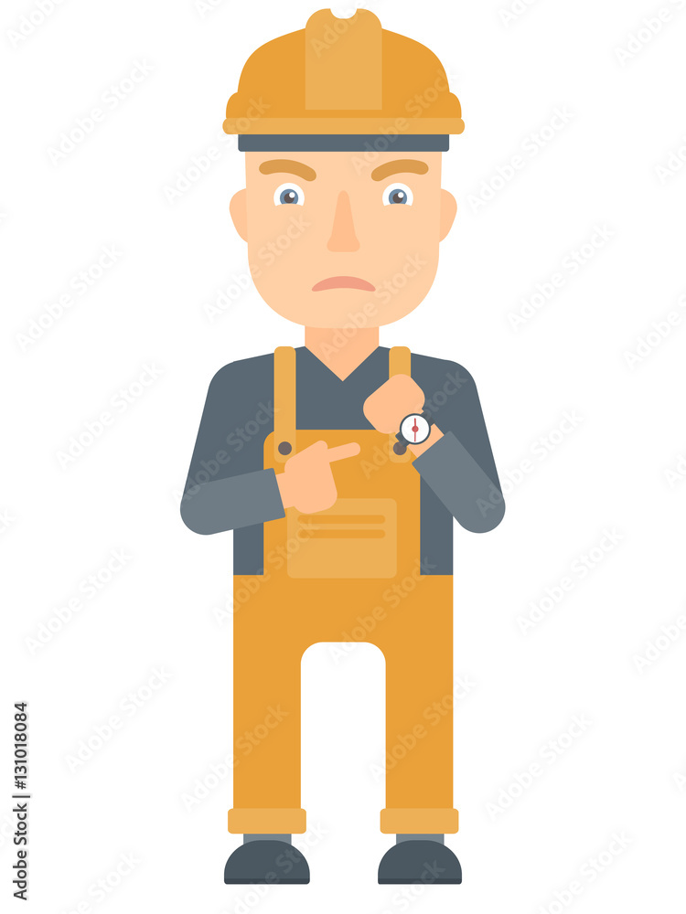 Angry constructor pointing at wrist watch.