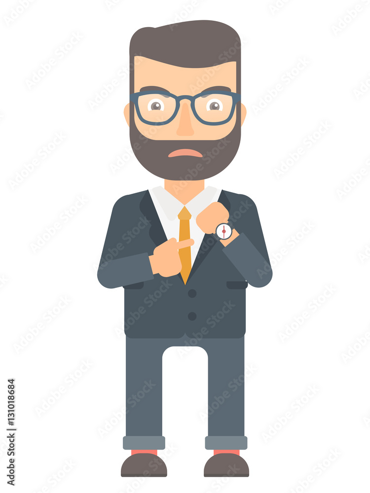 Angry employer pointing at wrist watch. Angry employer pointing at wrist watch.