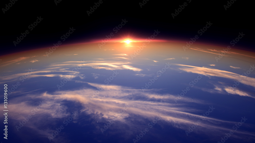 The sun on the horizon of the world from the perspective of spac