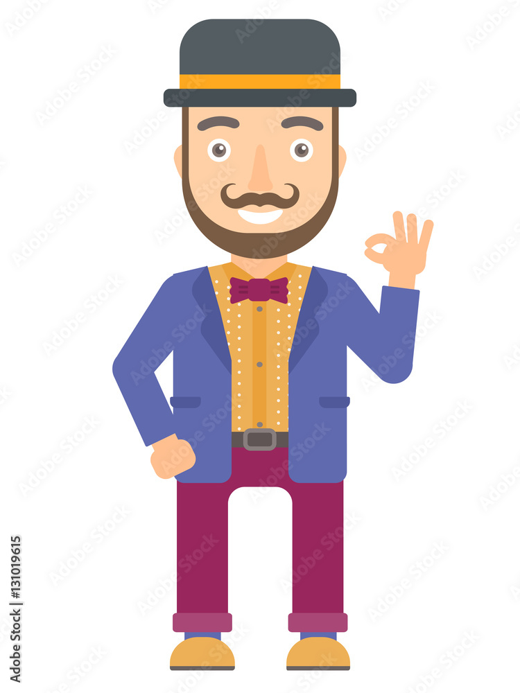 Smiling circus performer showing ok sign. Smiling circus performer showing ok sign.