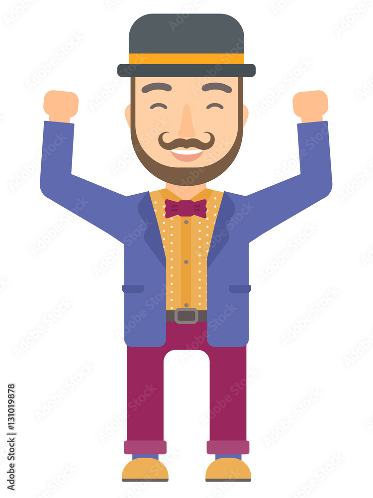 Circus performer standing with raised arms up. Circus performer standing with raised arms up.