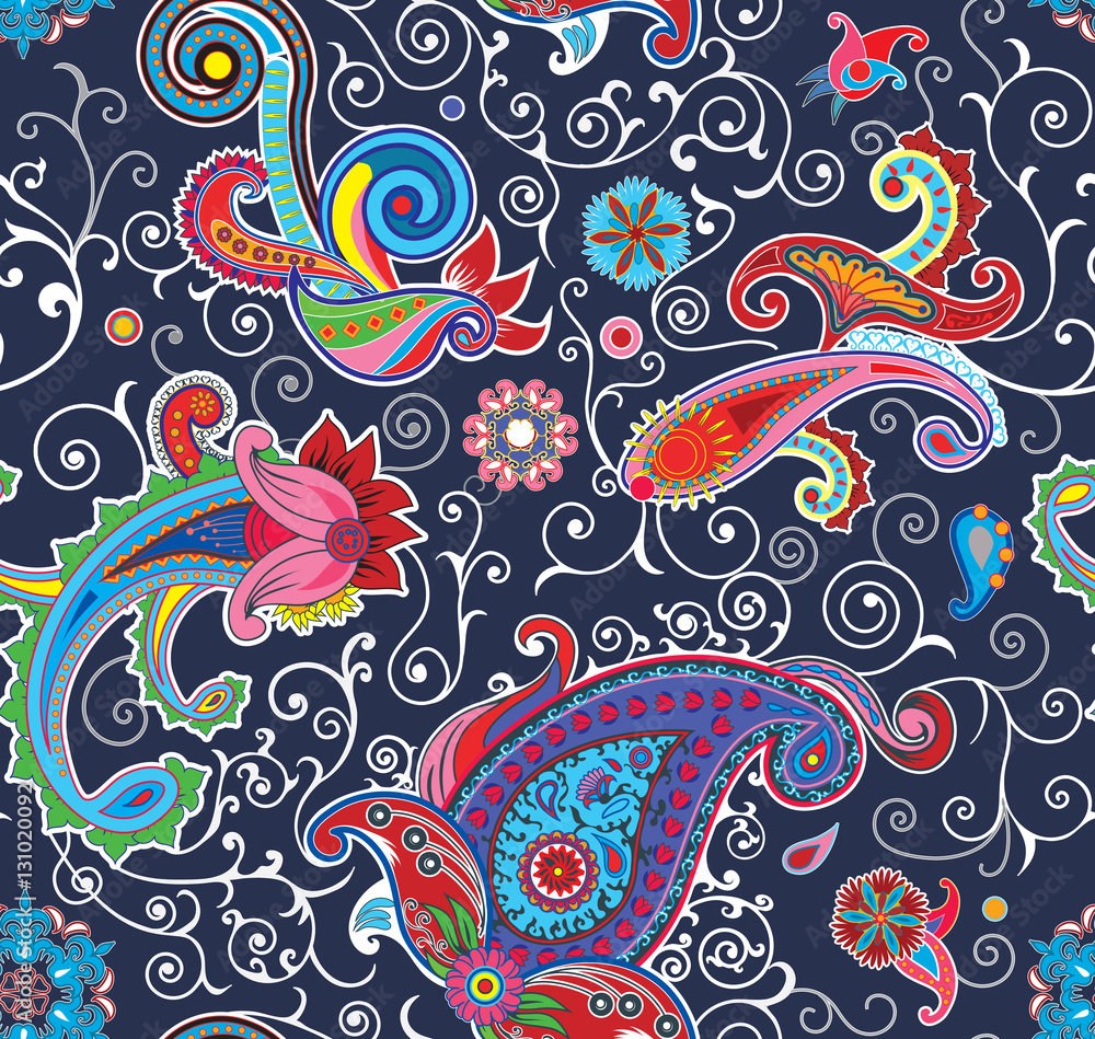 Traditional paisley flower illustration seamless pattern